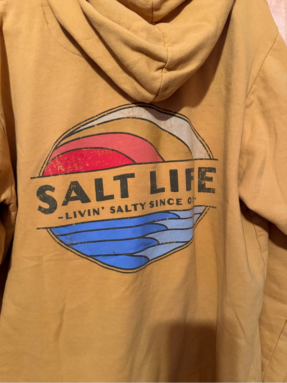 Salt Life Mustard Pullover Hoodie with Red, Cream & Blue Graphic